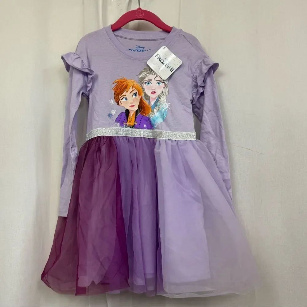 NEW Disney Frozen II Girls Purple Tulle Long Sleeve Pullover Dress Size 6
